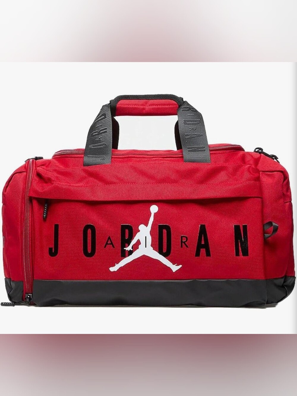 NWT Jordan Red Duffel Bag with White Jumpman and Black Accents.